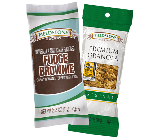 Fieldstone Bakery Fudge Brownie and Premium Granola, ideal snacks for college students.