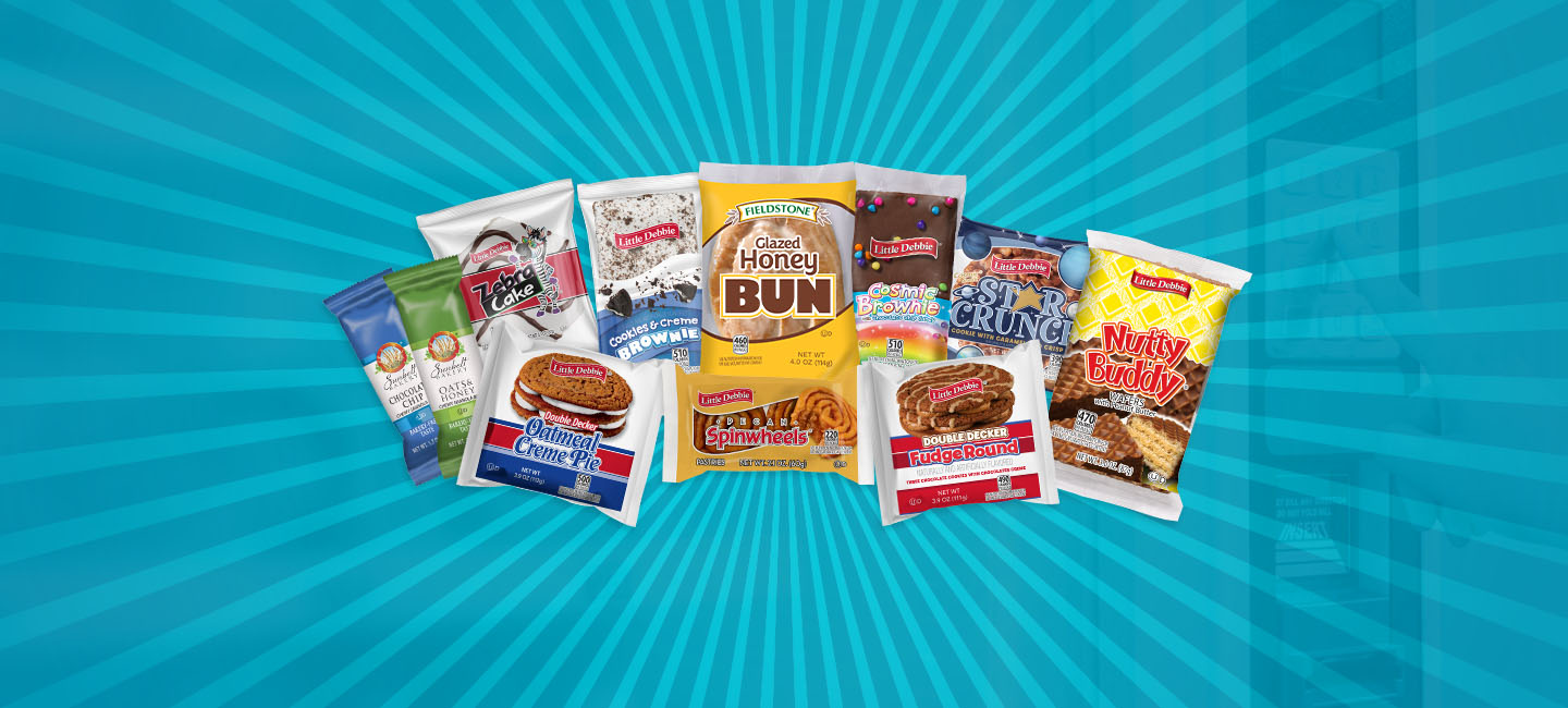 A collage of Little Debbie and Fieldstone Bakery snack products that are available for convenience, vending, and micro-market sales.