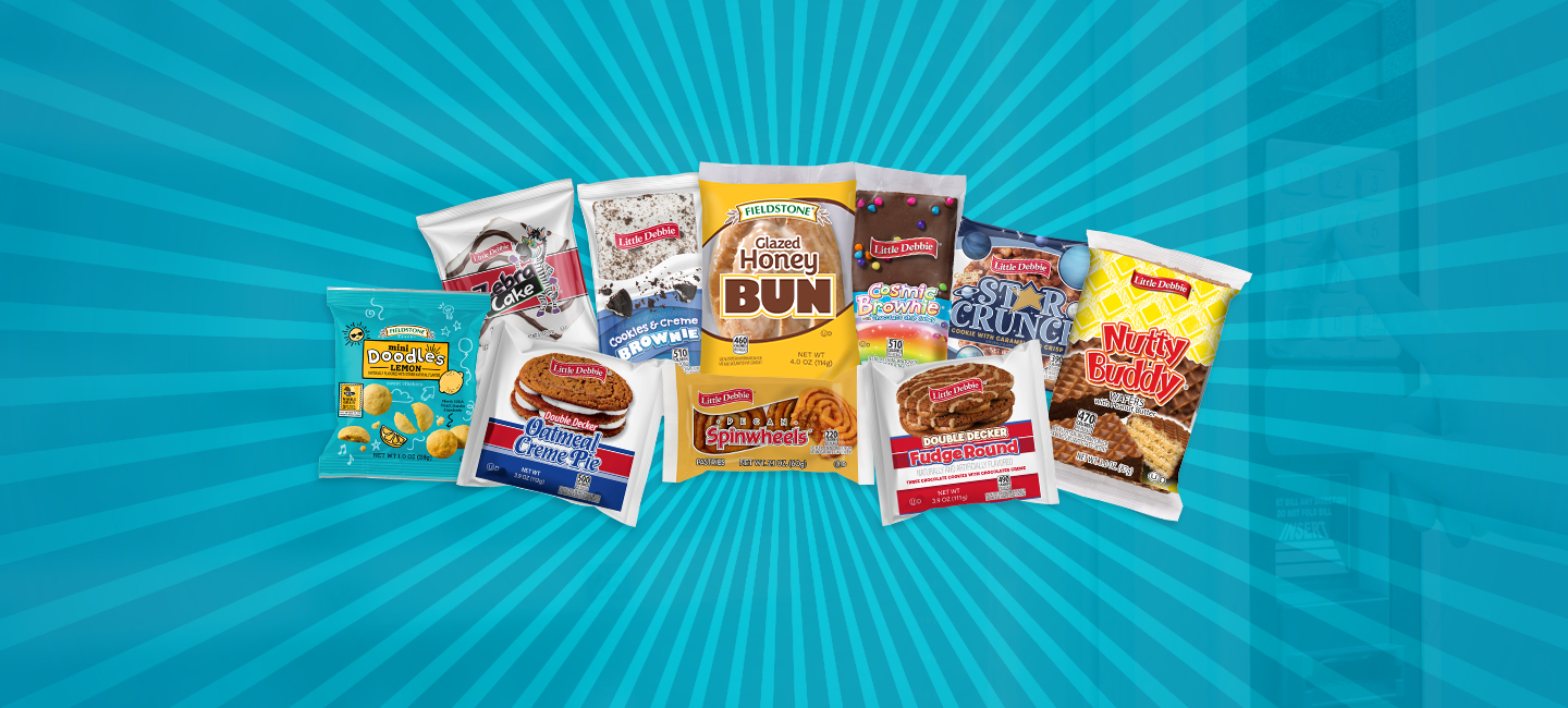 A collage of Little Debbie and Fieldstone Bakery snack products that are available for convenience, vending, and micro-market sales.