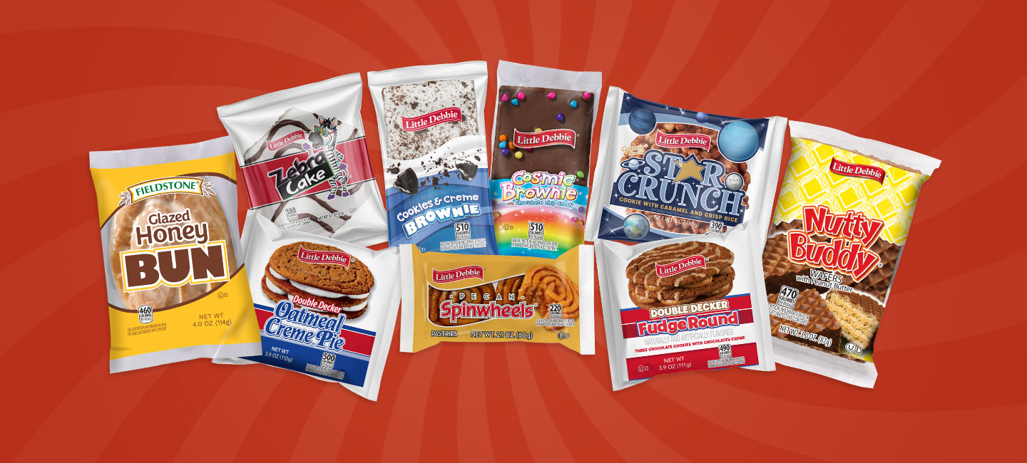 A collage of little debbie vending products sits atop a red swirl pattern. Little Debbie is america's favorite snack cake.