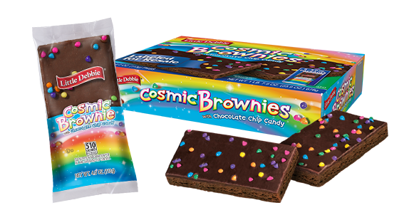A collage of cosmic brownies, a fudge brownie with brightly colored candies. One is wrapped, two are unwrapped, and there is a carton of brownies behind them.