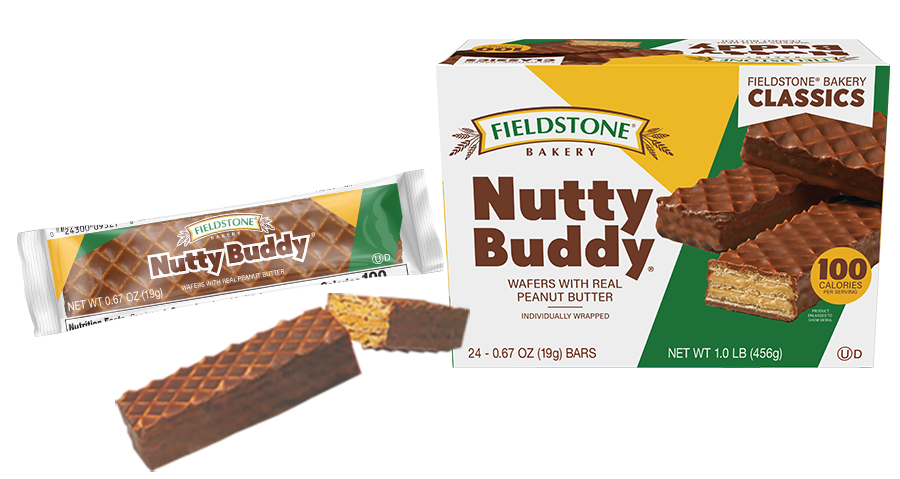 A collage of images of Nutty Buddy Wafer bars. One is unwrapped and broke in two showing the peanut butter and wafer interior. A carton of bars is in the background.