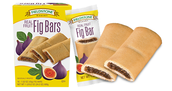 A collage of Fig Bar images. One is wrapped in yellow and white packaging with an image of figs on the wrapper. Two are unwrapped. A carton is behind them.