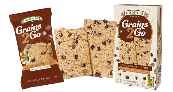 A whole grain chocolate chip, Grains 2 Go bar in brown packaging. An unwrapped chocolate chip chewy granola bar is beside it on the left. A carton of the chocolate chip grains 2 go bars is on the right.