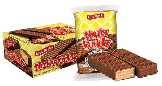 A collage of images of Nutty Buddy Wafer Bars. Two are unwrapped and one is cut showing the peanut butter and wafer interior. A carton of bars is in the background.