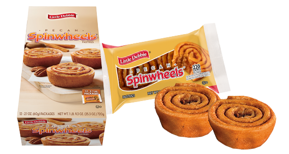 A collage of Little Debbie pecan spinwheels. Two are unwrapped with a package behind them. A carton of pecan pinwheels are on the left side.