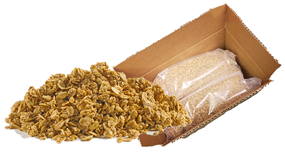 A pile of premium bulk granola isolated on a white background. An open box of the bulk granola is in the background.