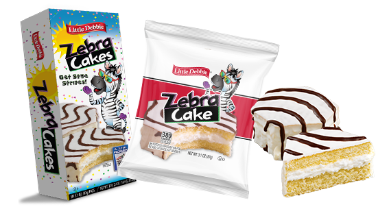 A collage of Zebra Cake images. Cakes with white icing and brown striped icing. One is wrapped. Two are unwrapped and one is cut in half showing cream filling. A carton of Zebra Cakes is in the background.