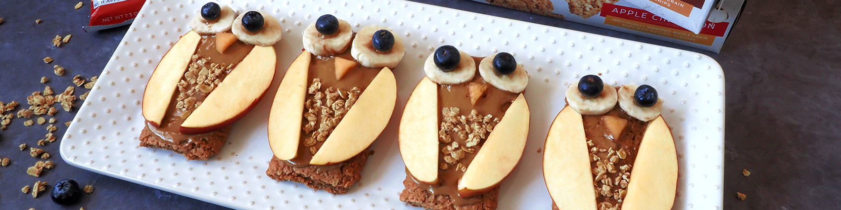 Grains 2 Go bars topped with apples, bananas, and blueberries made to look like owls