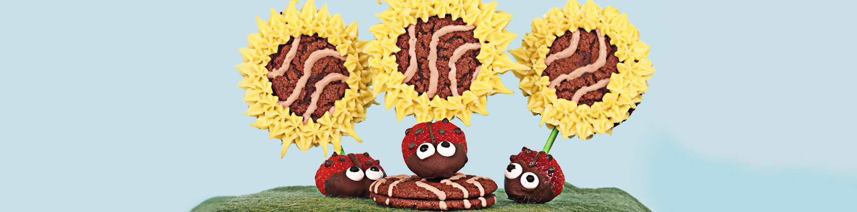 Springtime snacking just got a whole lot sweeter! Fieldstone Bakery Fudge Rounds combine with icing to create the sweetest of sunflowers, while strawberries dipped in chocolate make fun little ladybugs.