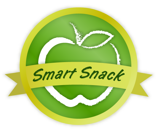 Green badge with a white line drawing of an apple. The works "smart snack" run across the badge on a ribbon. 