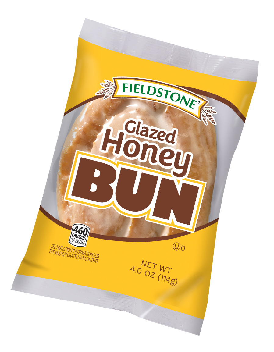 A yellow and white package with a glazed honey bun pastry showing through the clear cellophane in the middle of the packaging.