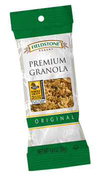 A green and white package of premium 1 grain granola.