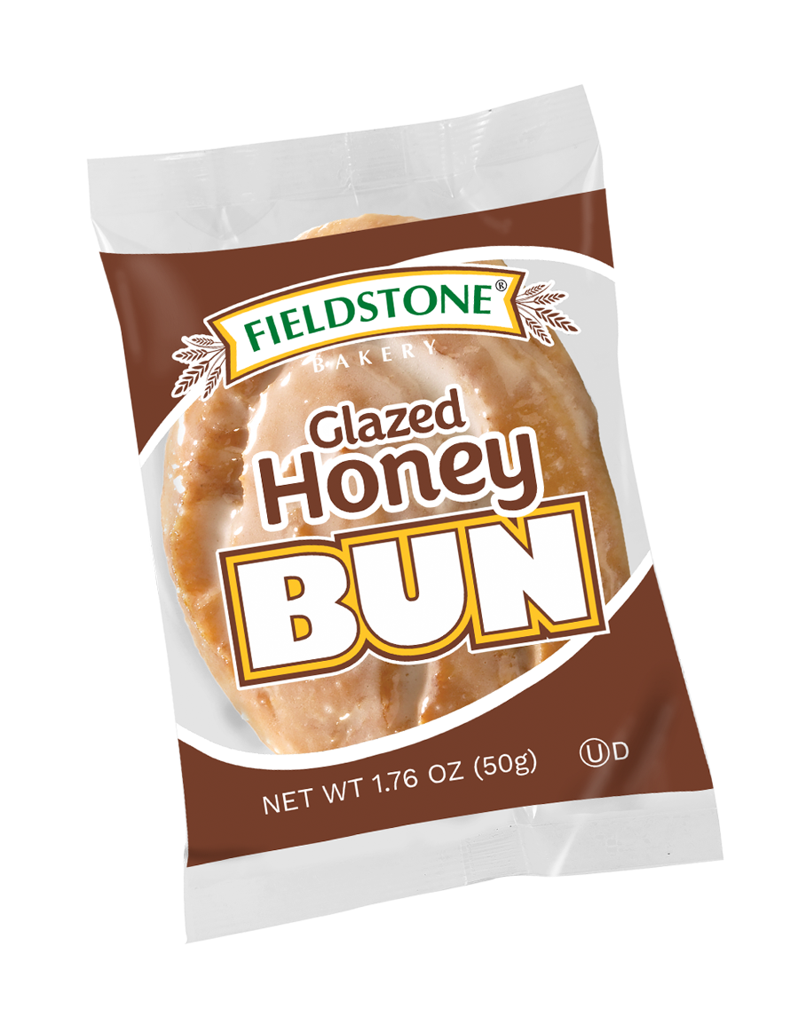 Brown and clear snack package with a glazed honey bun showing through the clear cellophane portion of the wrapping.