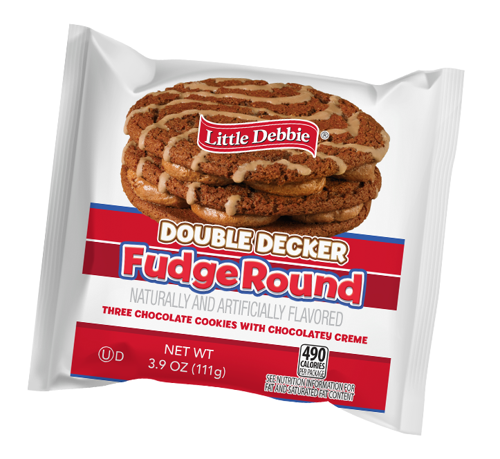 A red white and blue Double Decker Fudge Round Cookie wrapper with a picture of the cookie on the front.