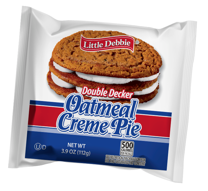 A Double Decker Oatmeal Creme Pie Cookie wrapper. The wrapper is red, white, and blue with the picture of the cookie on it.