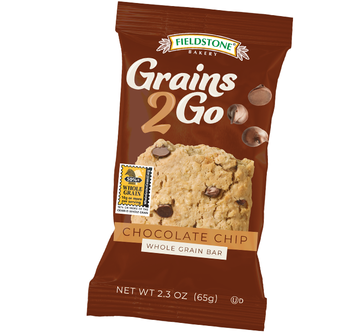 A whole grain chocolate chip, Grains 2 Go bar in brown packaging. An unwrapped chocolate chip chewy granola bar is beside it on the left.