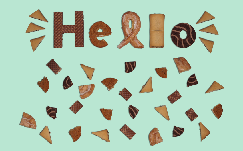 Using different Fieldstone Bakery products to form each letter in the word “HELLO.