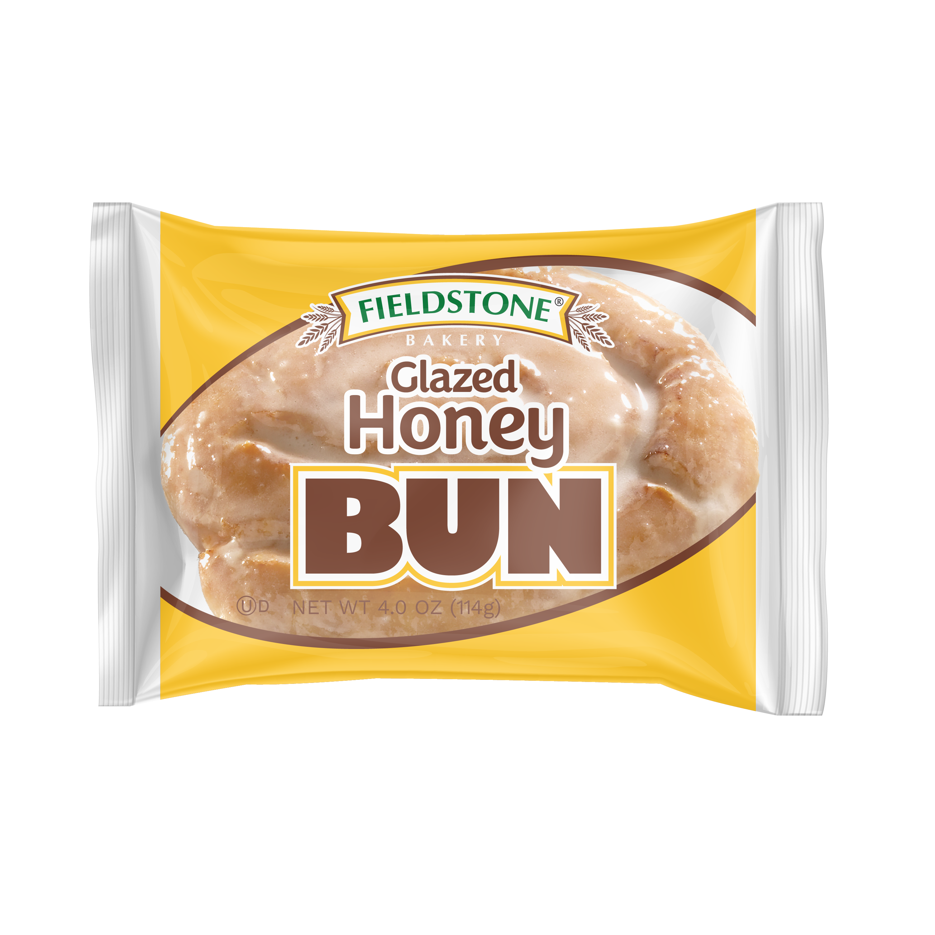 A yellow and white package with a glazed honey bun pastry showing through the clear cellophane in the middle of the packaging.